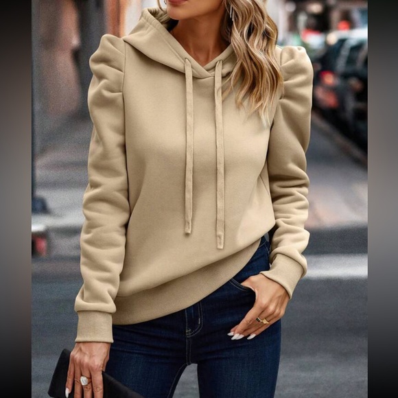 Cozy gigot sleeve drawstring hoodie apricot - Picture 1 of 16